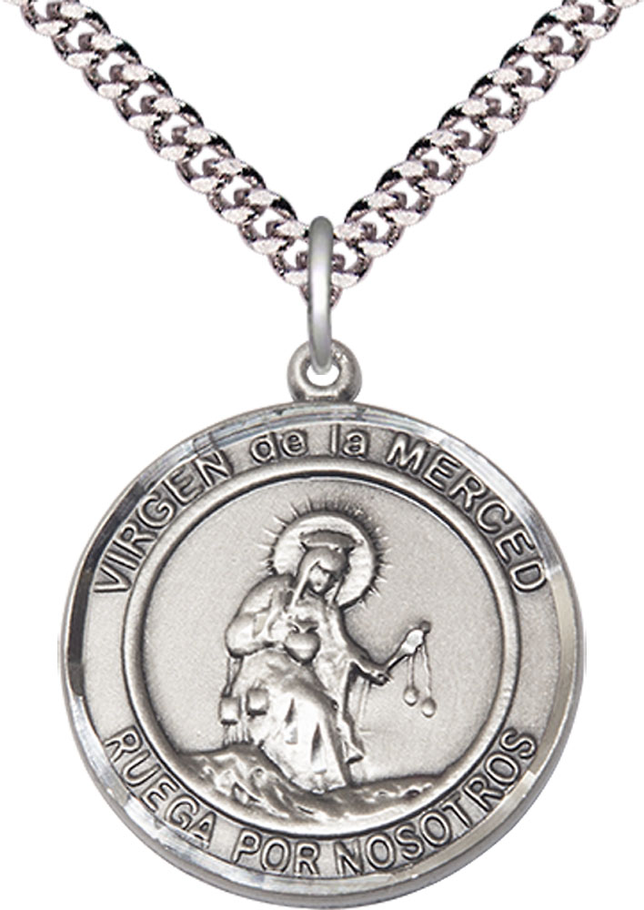 Sterling Silver Virgen de la Merce Pendant on a 24 inch Light Rhodium Heavy Curb chain