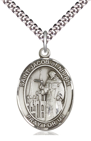 Sterling Silver Saint Jacob of Nisibis Pendant on a 24 inch Light Rhodium Heavy Curb chain