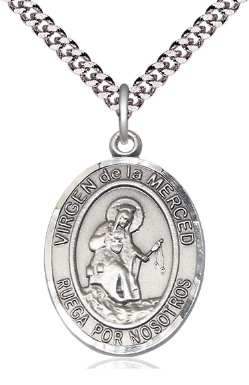 Sterling Silver Virgen de la Merced Pendant on a 24 inch Light Rhodium Heavy Curb chain