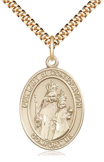 14kt Gold Filled Our Lady of Consolation Pendant on a 24 inch Gold Plate Heavy Curb chain
