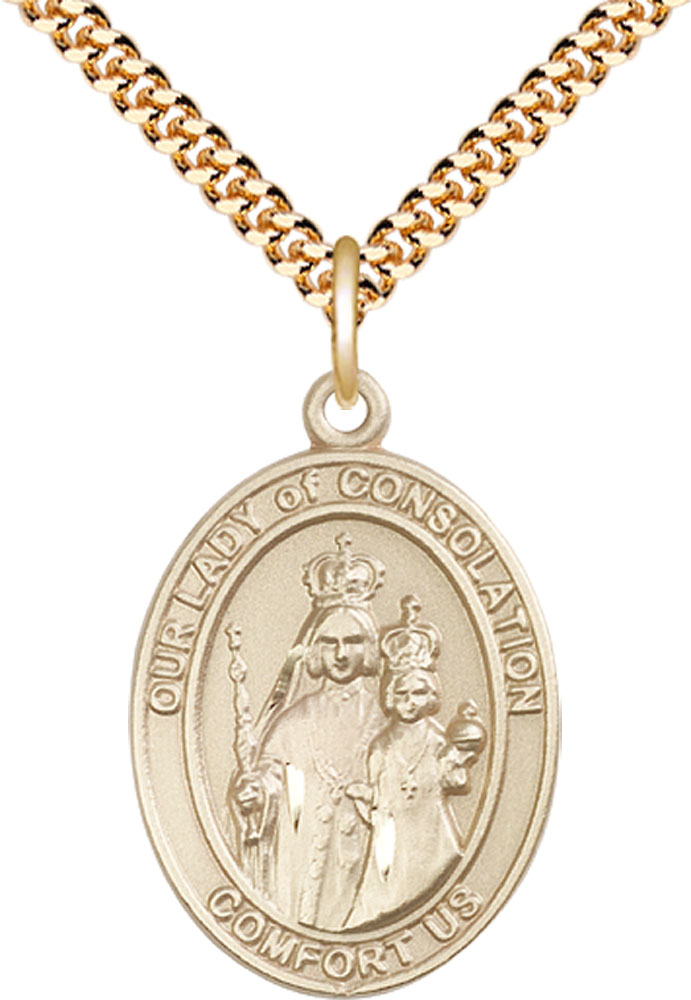 14kt Gold Filled Our Lady of Consolation Pendant on a 24 inch Gold Plate Heavy Curb chain
