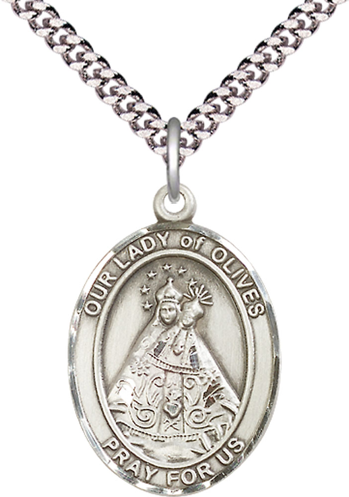 Sterling Silver Our Lady of Olives Pendant on a 24 inch Light Rhodium Heavy Curb chain