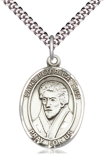 Sterling Silver Saint Peter Canisius Pendant on a 24 inch Light Rhodium Heavy Curb chain