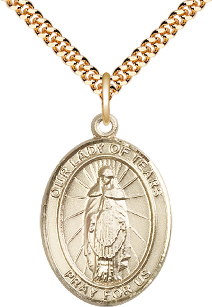 14kt Gold Filled Our Lady of Tears Pendant on a 24 inch Gold Plate Heavy Curb chain