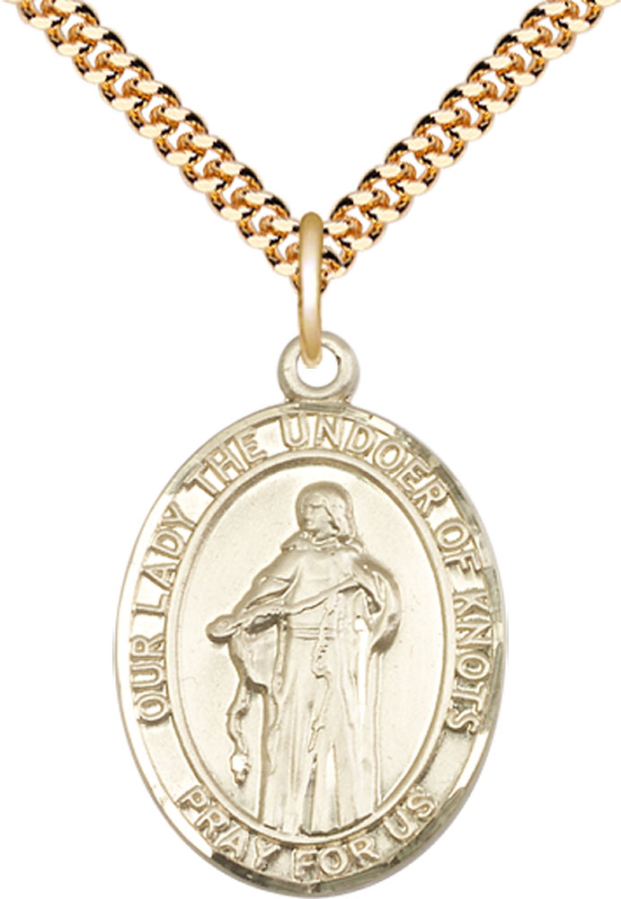14kt Gold Filled Our Lady of Knots Pendant on a 24 inch Gold Plate Heavy Curb chain