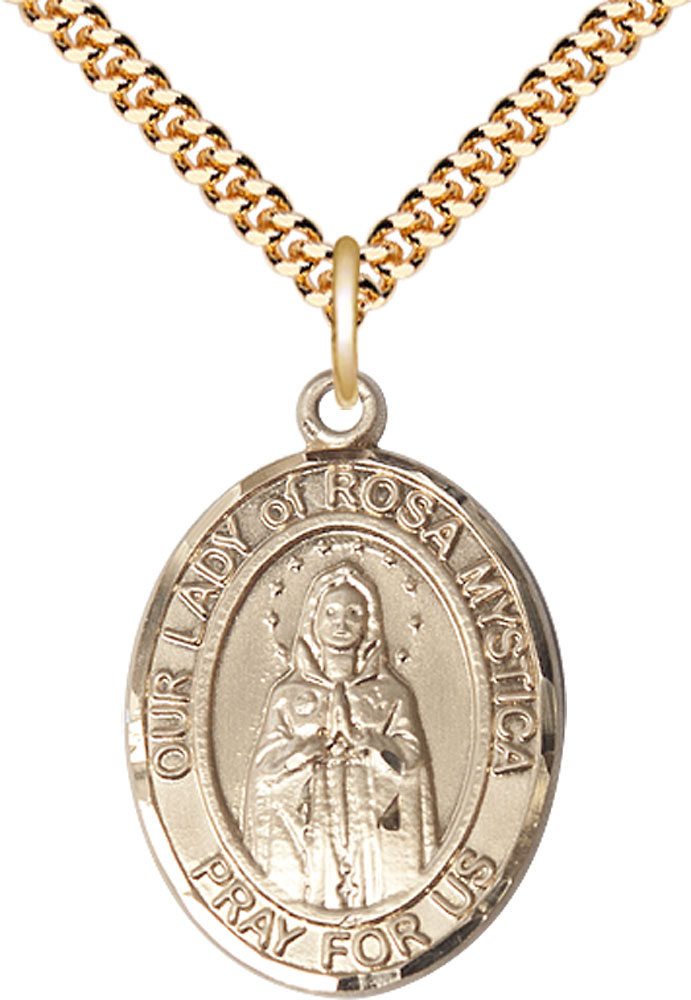 14kt Gold Filled Our Lady of Rosa Mystica Pendant on a 24 inch Gold Plate Heavy Curb chain