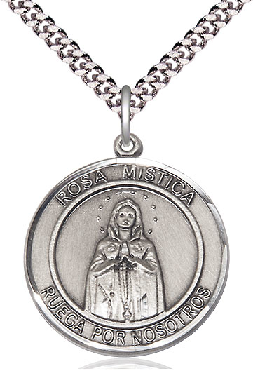 Sterling Silver Our Lady Rosa Mystica Pendant on a 24 inch Light Rhodium Heavy Curb chain