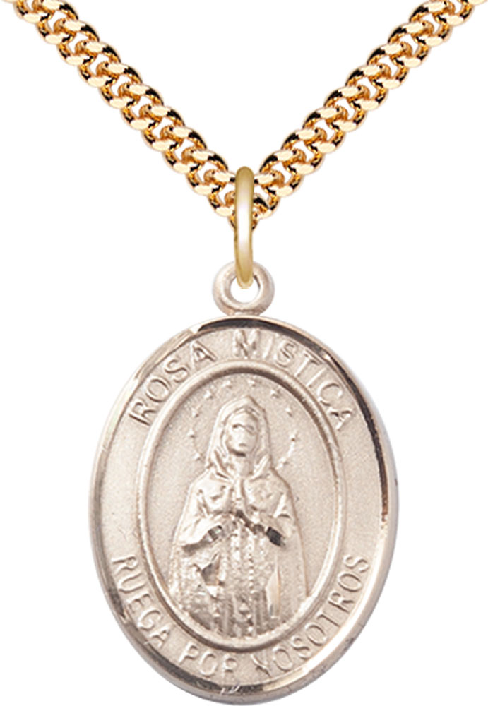 14kt Gold Filled Rosa Mystica Pendant on a 24 inch Gold Plate Heavy Curb chain