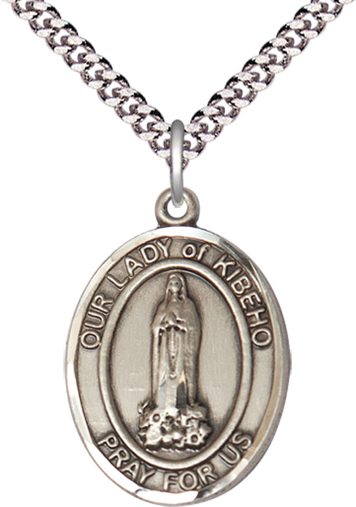 Sterling Silver Our Lady of Kibeho Pendant on a 24 inch Light Rhodium Heavy Curb chain