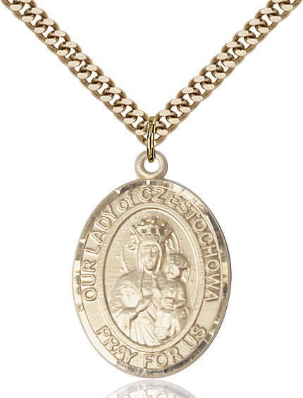 14kt Gold Filled Our Lady of Czestochowa Pendant on a 24 inch Gold Plate Heavy Curb chain