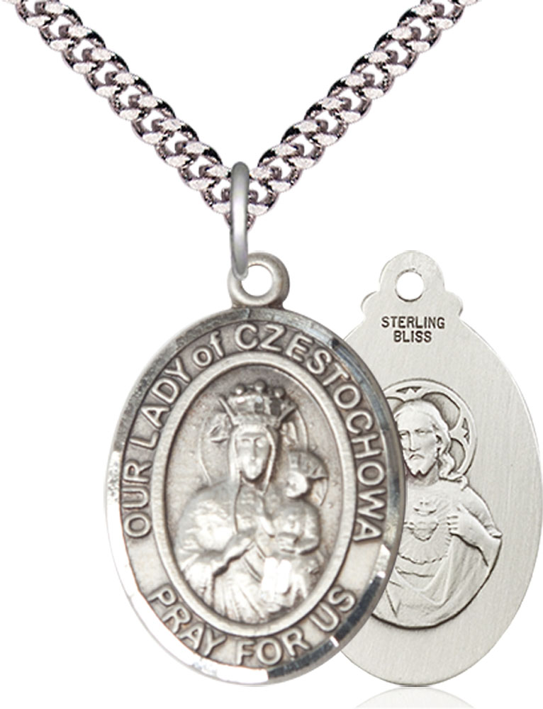 Sterling Silver Our Lady of Czestochowa Pendant on a 24 inch Light Rhodium Heavy Curb chain