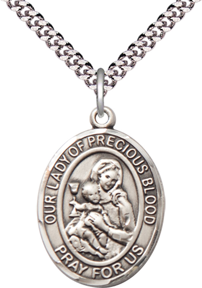 Sterling Silver Our Lady of the Precious Blood Pendant on a 24 inch Light Rhodium Heavy Curb chain