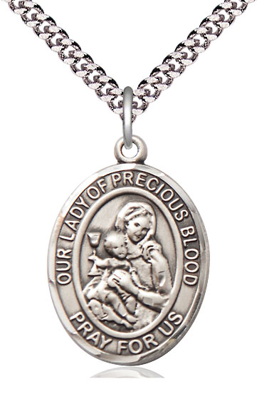 Sterling Silver Our Lady of the Precious Blood Pendant on a 24 inch Light Rhodium Heavy Curb chain