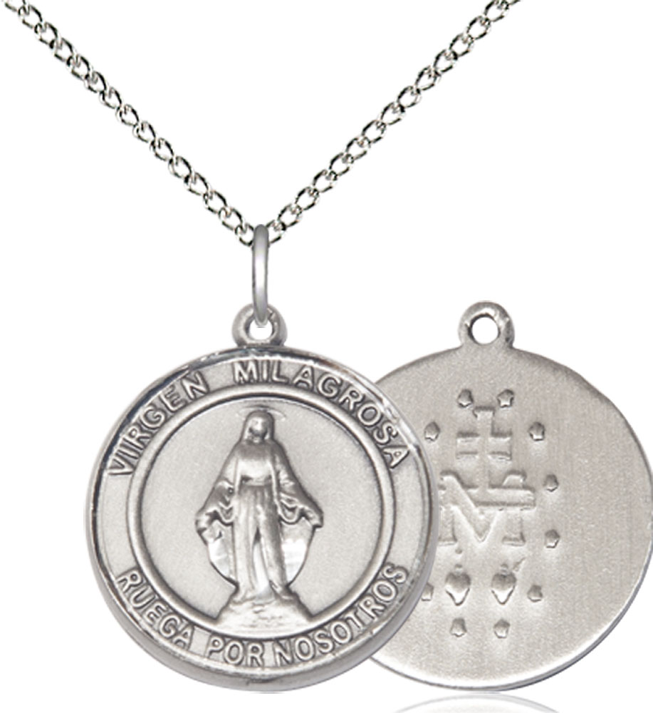 Sterling Silver Virgen Milagrosa Pendant on a 18 inch Sterling Silver Light Curb chain