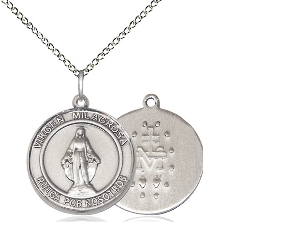 Sterling Silver Virgen Milagrosa Pendant on a 18 inch Sterling Silver Light Curb chain