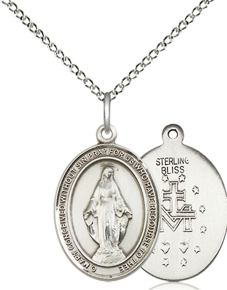 Sterling Silver Miraculous Pendant on a 18 inch Sterling Silver Light Curb chain