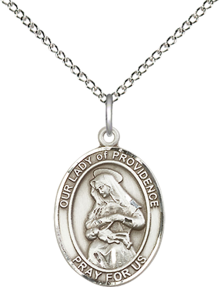 Sterling Silver Our Lady of Providence Pendant on a 18 inch Sterling Silver Light Curb chain