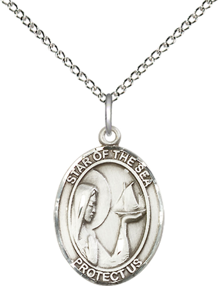Sterling Silver Our Lady Star of the Sea Pendant on a 18 inch Sterling Silver Light Curb chain