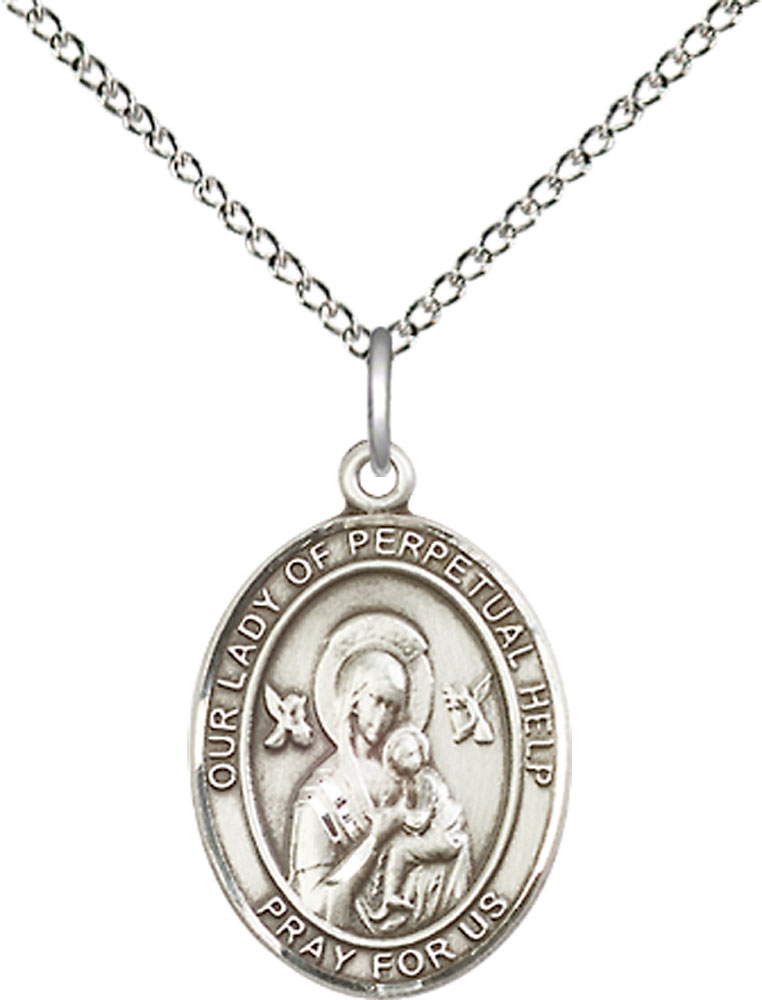 Sterling Silver Our Lady of Perpetual Help Pendant on a 18 inch Sterling Silver Light Curb chain