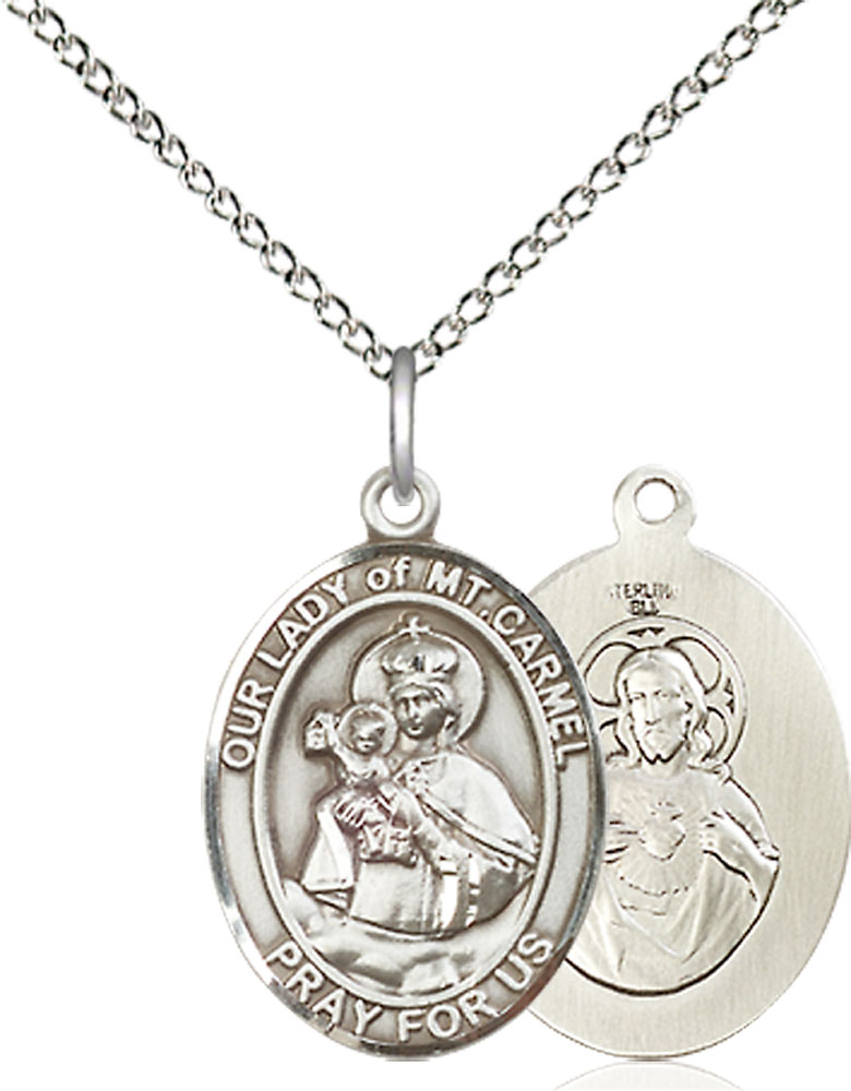 Sterling Silver Our Lady of Mount Carmel Pendant on a 18 inch Sterling Silver Light Curb chain