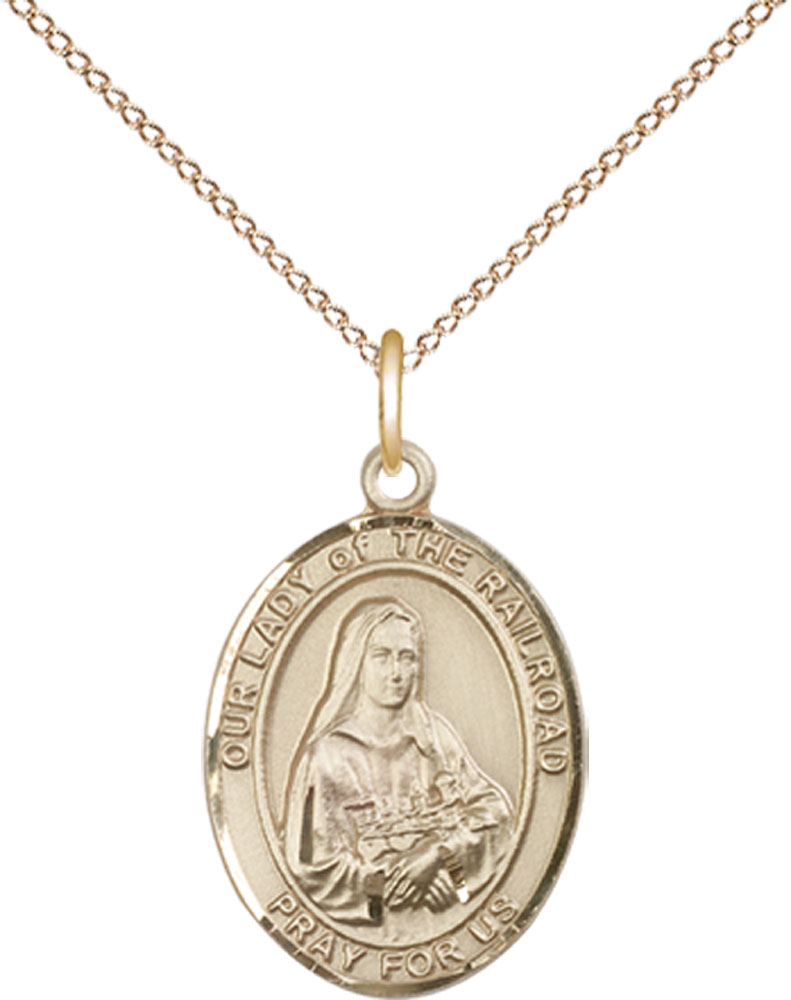 14kt Gold Filled Our Lady of the Railroad Pendant on a 18 inch Gold Filled Light Curb chain