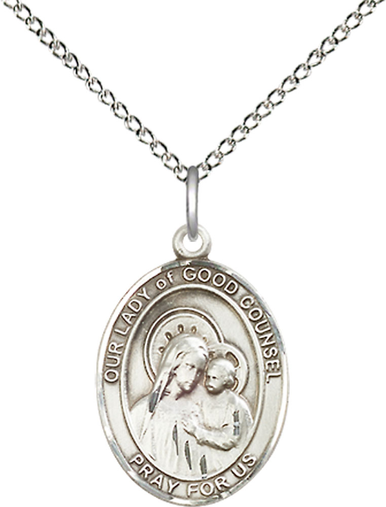 Sterling Silver Our Lady of Good Counsel Pendant on a 18 inch Sterling Silver Light Curb chain