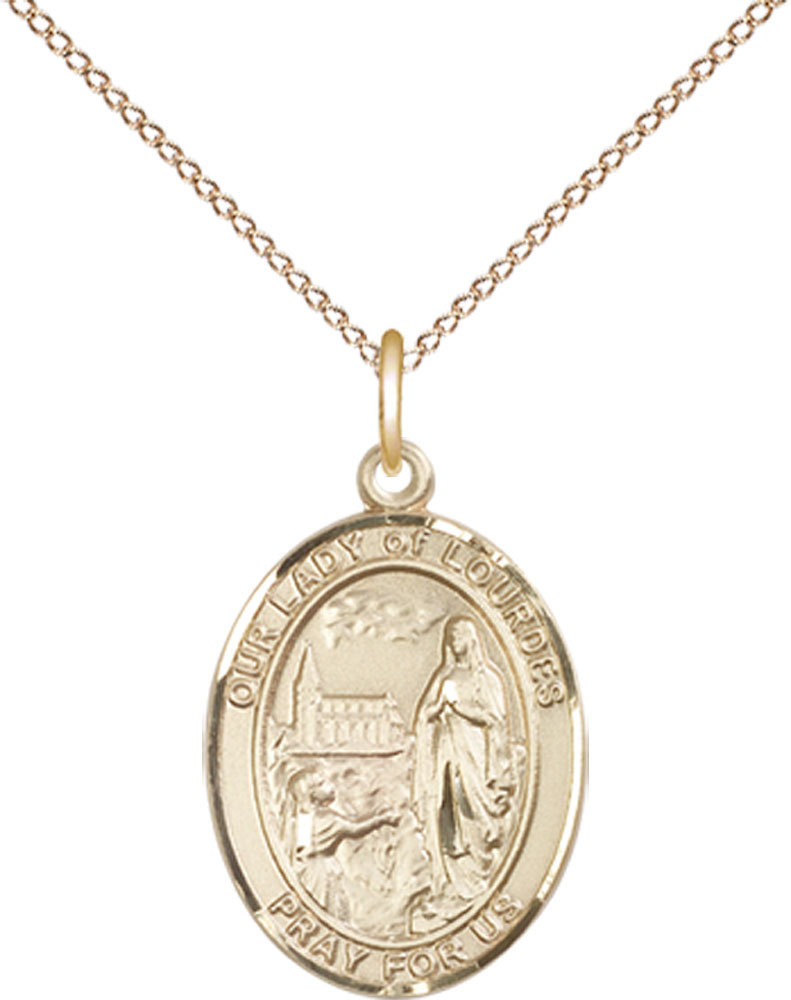 14kt Gold Filled Our Lady of Lourdes Pendant on a 18 inch Gold Filled Light Curb chain