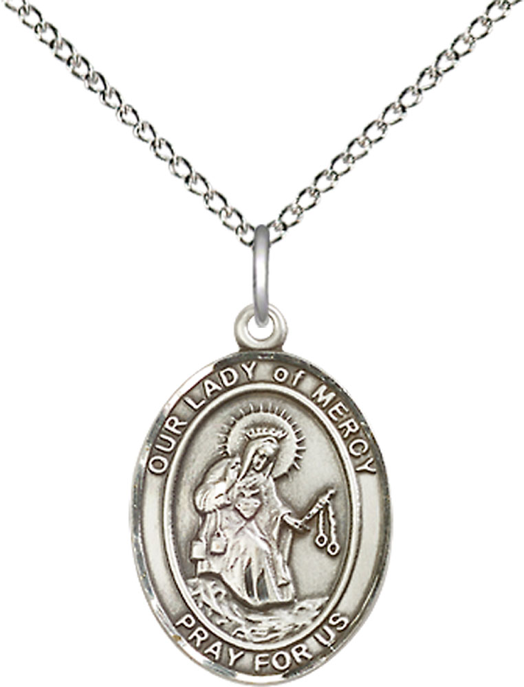 Sterling Silver Our Lady of Mercy Pendant on a 18 inch Sterling Silver Light Curb chain