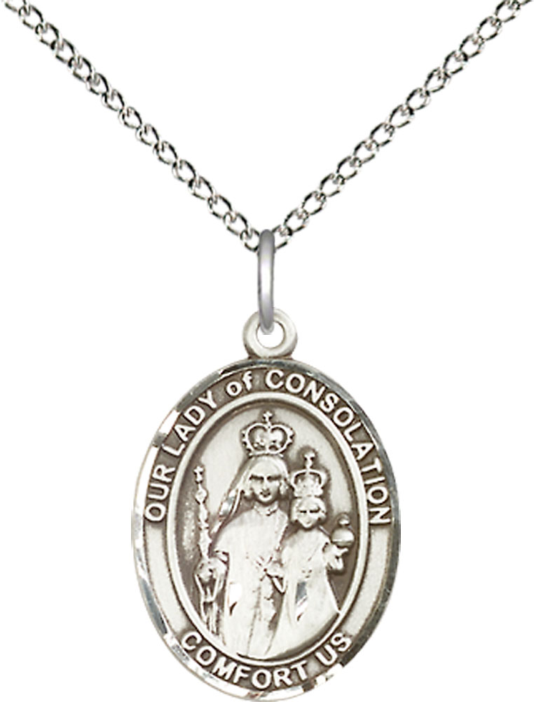 Sterling Silver Our Lady of Consolation Pendant on a 18 inch Sterling Silver Light Curb chain