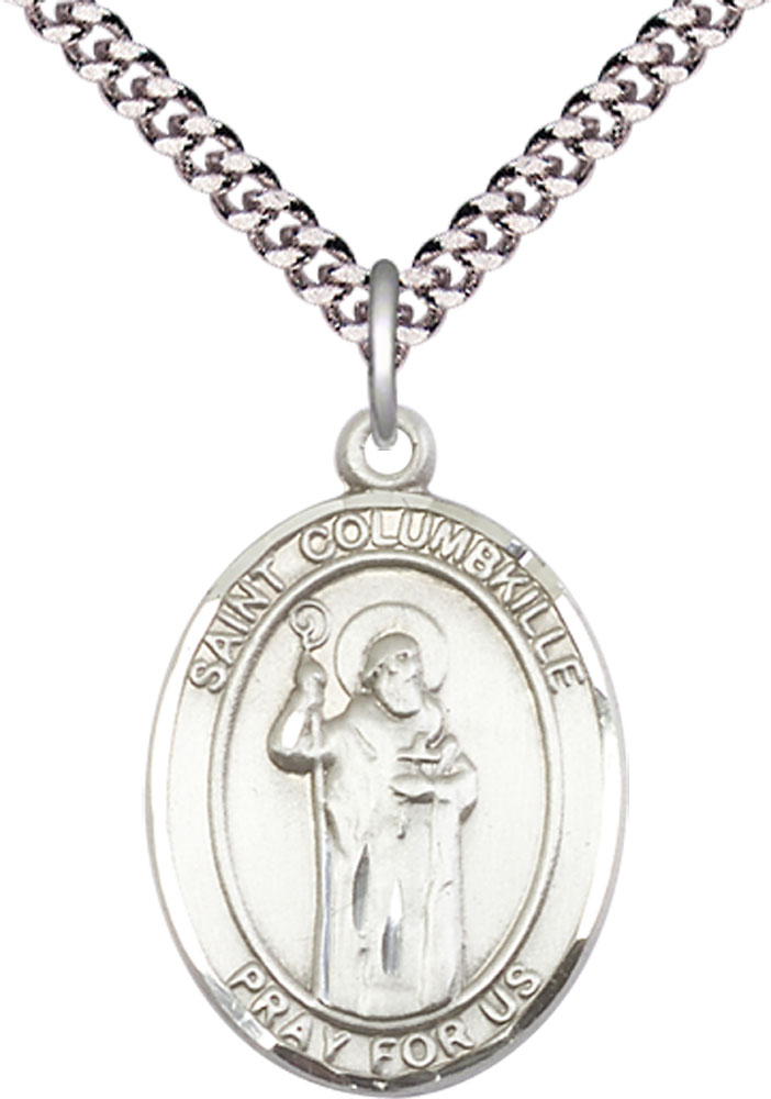 Sterling Silver Saint Columbkille Pendant on a 24 inch Light Rhodium Heavy Curb chain