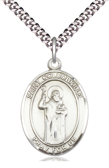 Sterling Silver Saint Columbkille Pendant on a 24 inch Light Rhodium Heavy Curb chain