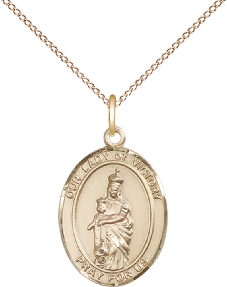 14kt Gold Filled Our Lady of Victory Pendant on a 18 inch Gold Filled Light Curb chain