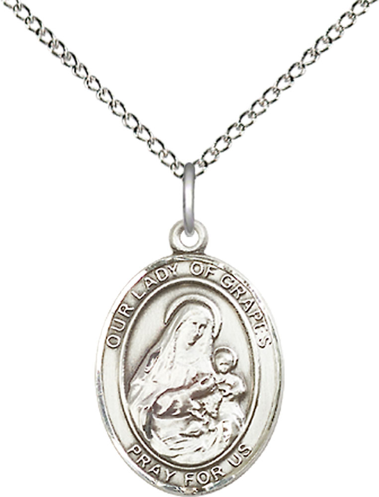 Sterling Silver Our Lady of Grapes Pendant on a 18 inch Sterling Silver Light Curb chain