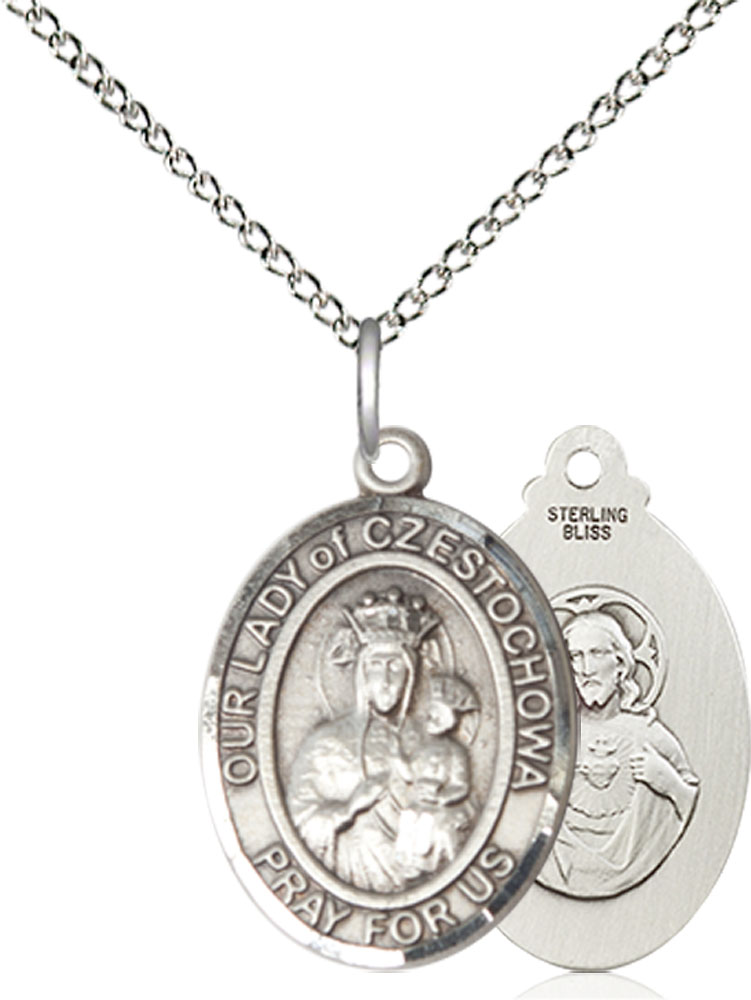 Sterling Silver Our Lady of Czestochowa Pendant on a 18 inch Sterling Silver Light Curb chain