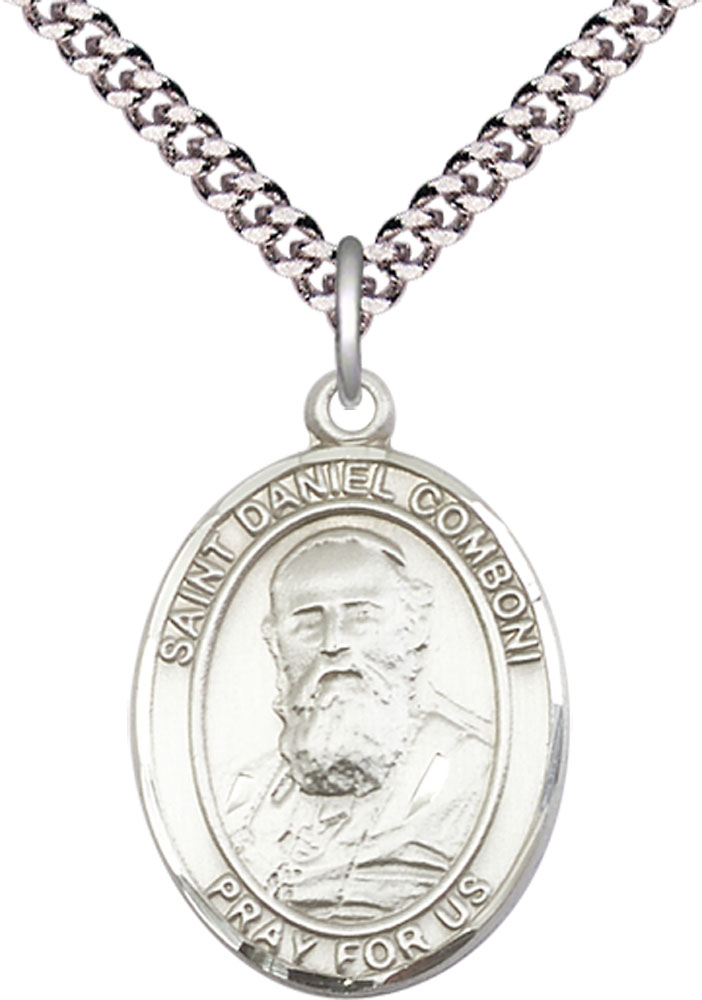 Sterling Silver Saint Daniel Comboni Pendant on a 24 inch Light Rhodium Heavy Curb chain