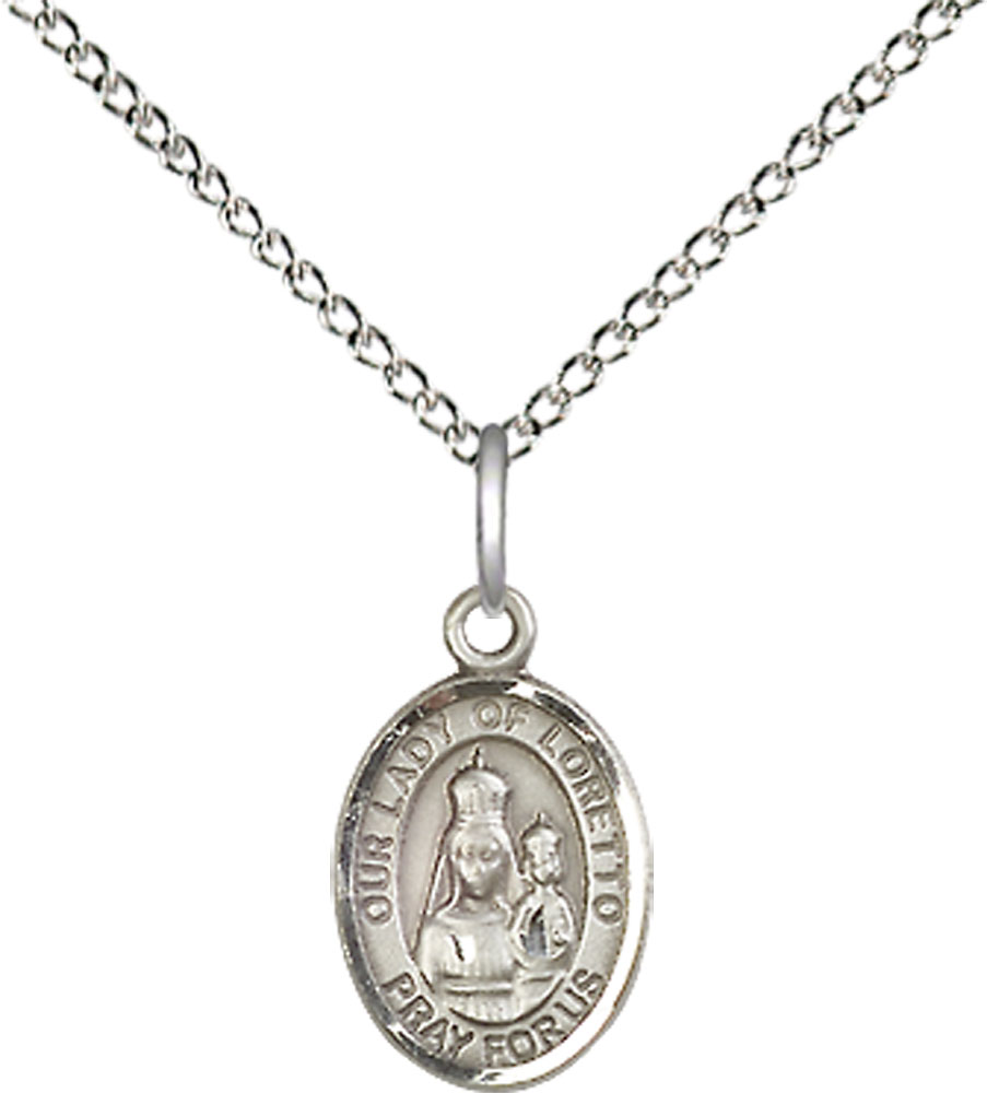 Sterling Silver Our Lady of Loretto Pendant on a 18 inch Sterling Silver Light Curb chain