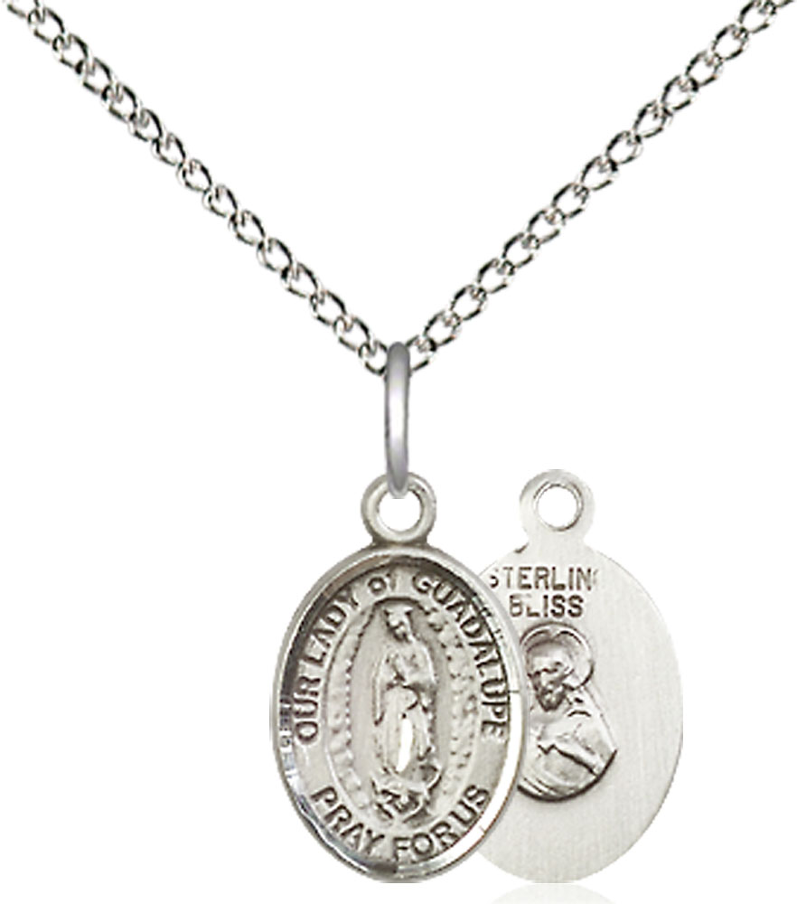 Sterling Silver Our Lady of Guadalupe Pendant on a 18 inch Sterling Silver Light Curb chain