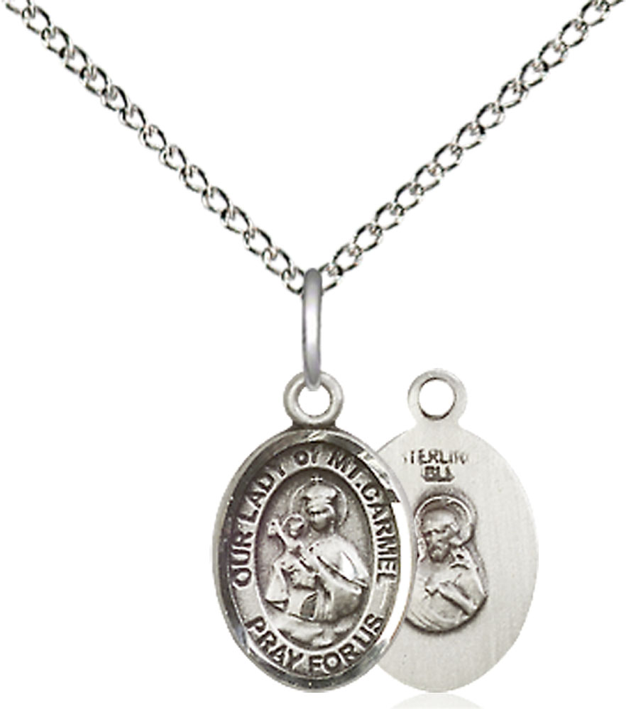 Sterling Silver Our Lady of Mount Carmel Pendant on a 18 inch Sterling Silver Light Curb chain
