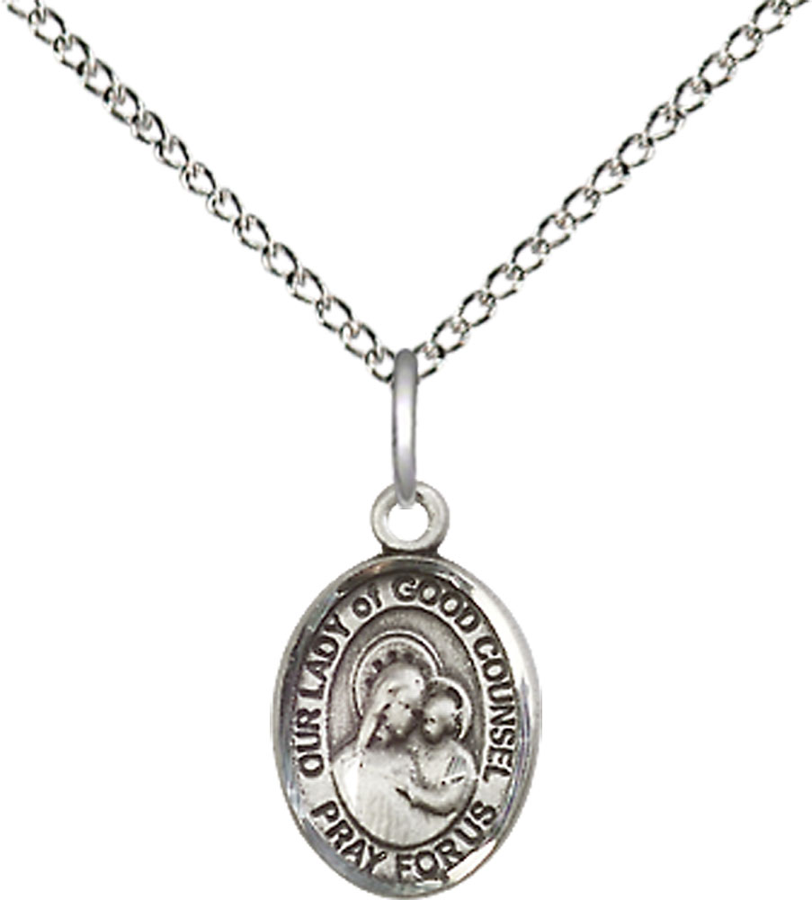 Sterling Silver Our Lady of Good Counsel Pendant on a 18 inch Sterling Silver Light Curb chain