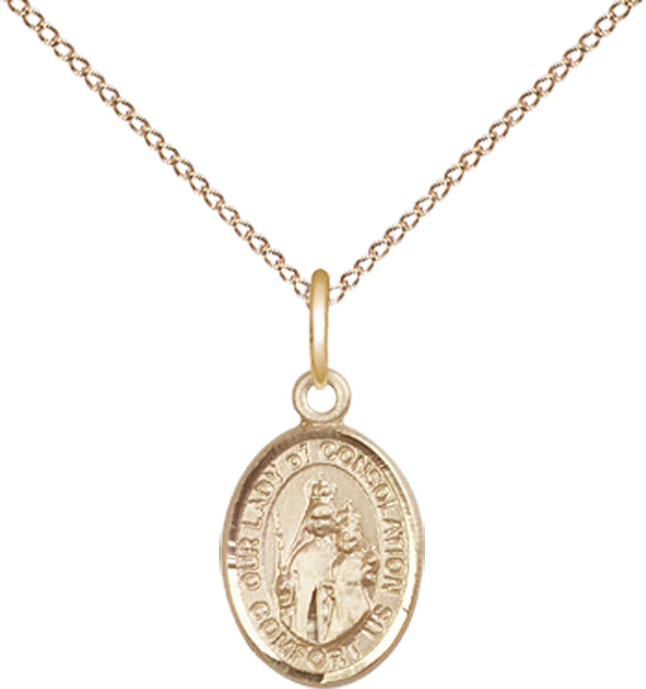 14kt Gold Filled Our Lady of Consolation Pendant on a 18 inch Gold Filled Light Curb chain