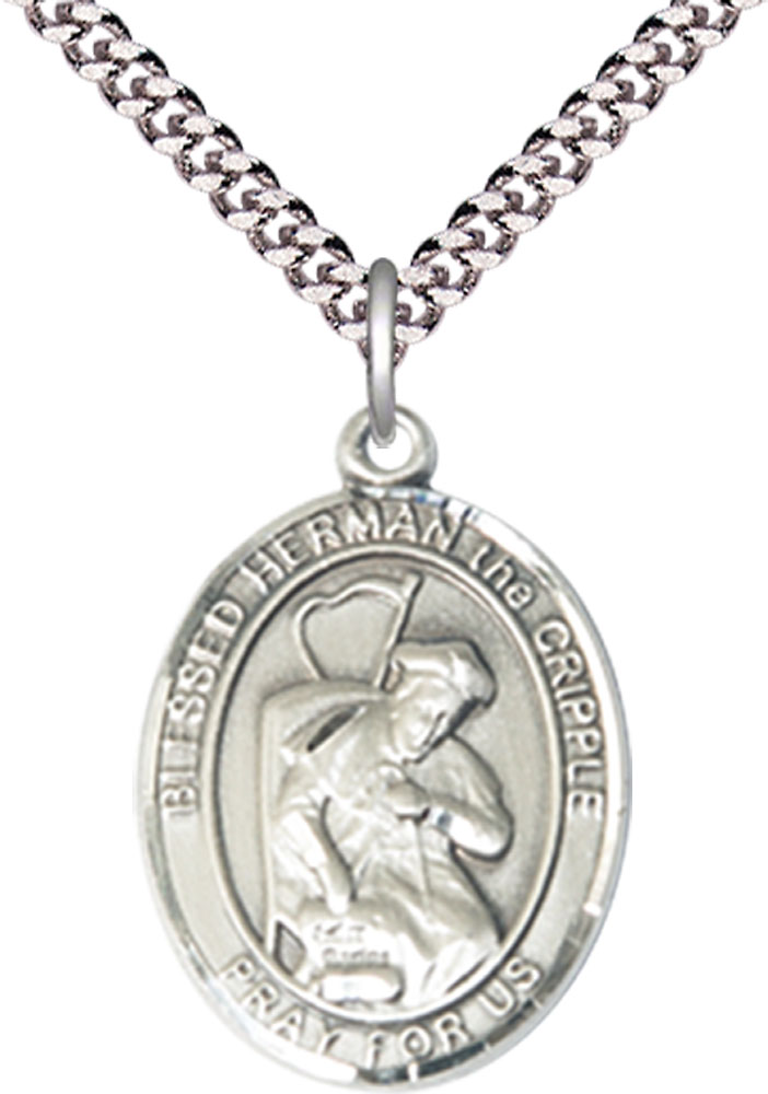 Sterling Silver Blessed Herman the Cripple Pendant on a 24 inch Light Rhodium Heavy Curb chain