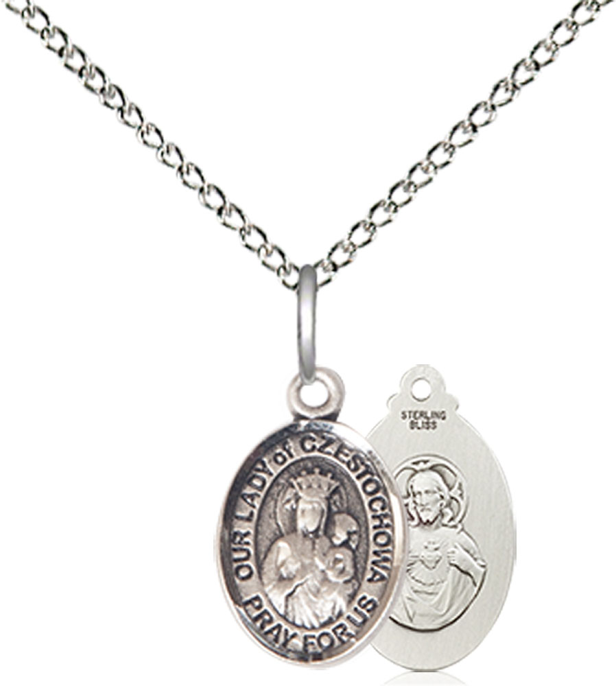 Sterling Silver Our Lady of Czestochowa Pendant on a 18 inch Sterling Silver Light Curb chain