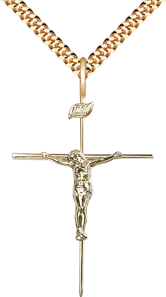 14kt Gold Filled Crucifix Pendant on a 24 inch Gold Plate Heavy Curb chain