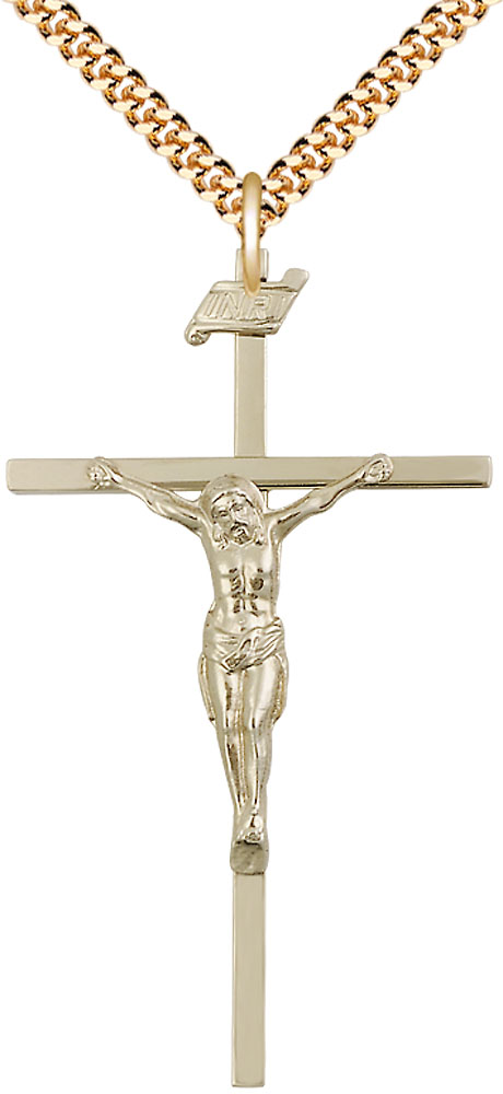 14kt Gold Filled Crucifix Pendant on a 24 inch Gold Plate Heavy Curb chain