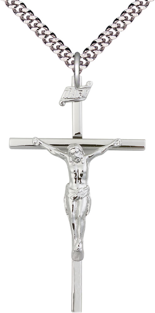 Sterling Silver Crucifix Pendant on a 24 inch Light Rhodium Heavy Curb chain