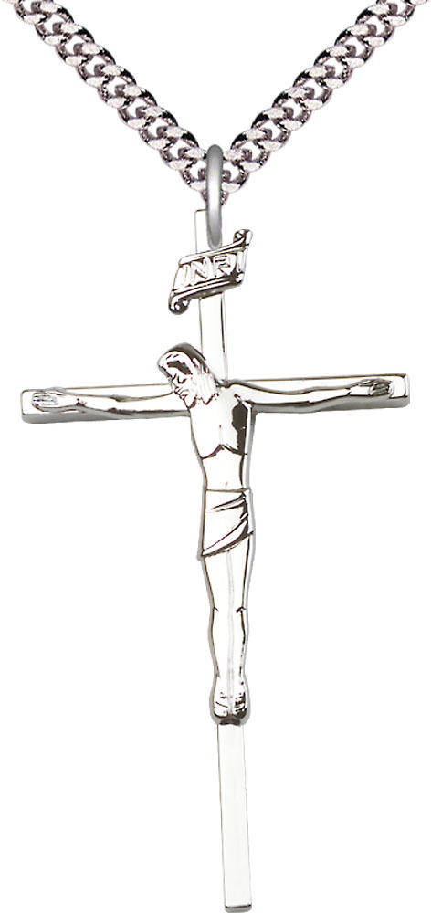 Sterling Silver Crucifix Pendant on a 24 inch Light Rhodium Heavy Curb chain