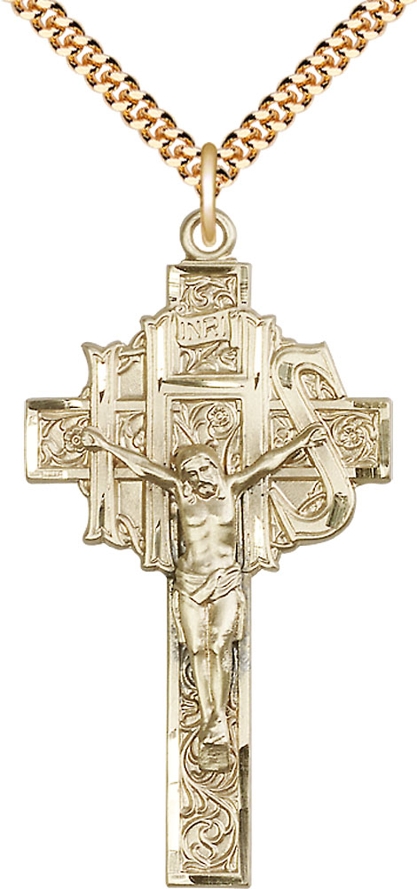 14kt Gold Filled Crucifix Pendant on a 24 inch Gold Plate Heavy Curb chain