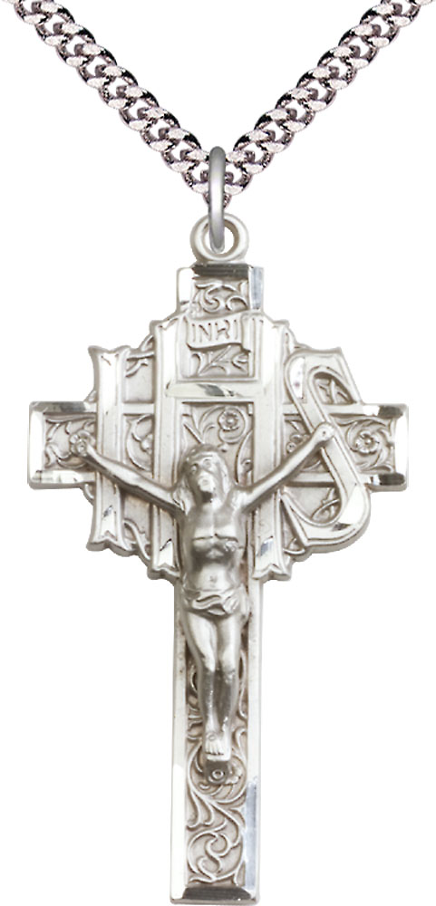 Sterling Silver Crucifix Pendant on a 24 inch Light Rhodium Heavy Curb chain