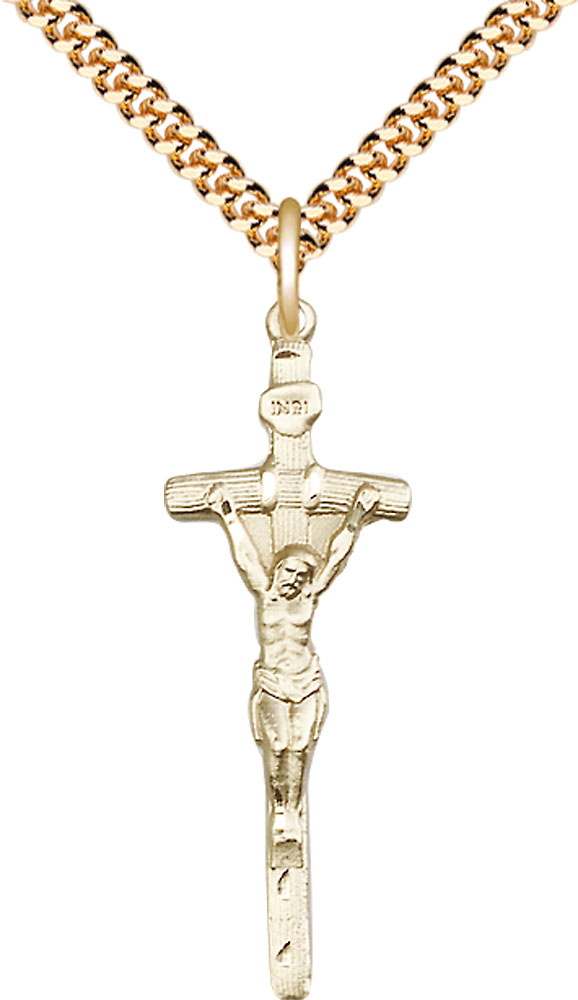 14kt Gold Filled Papal Crucifix Pendant on a 24 inch Gold Plate Heavy Curb chain