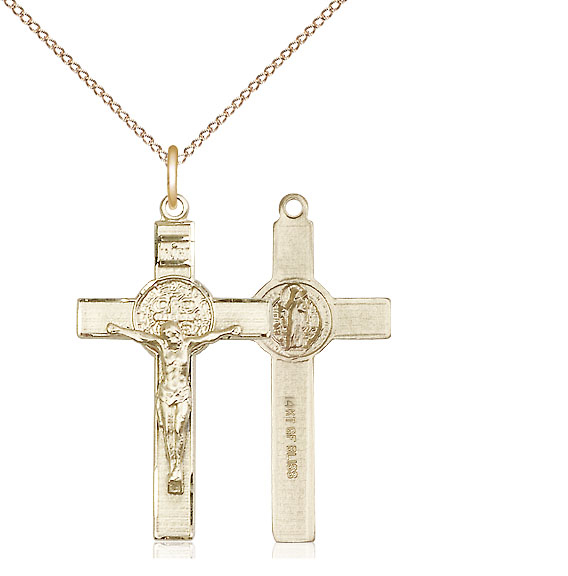 14kt Gold Filled Saint Benedict Crucifix Pendant on a 18 inch Gold Filled Light Curb chain